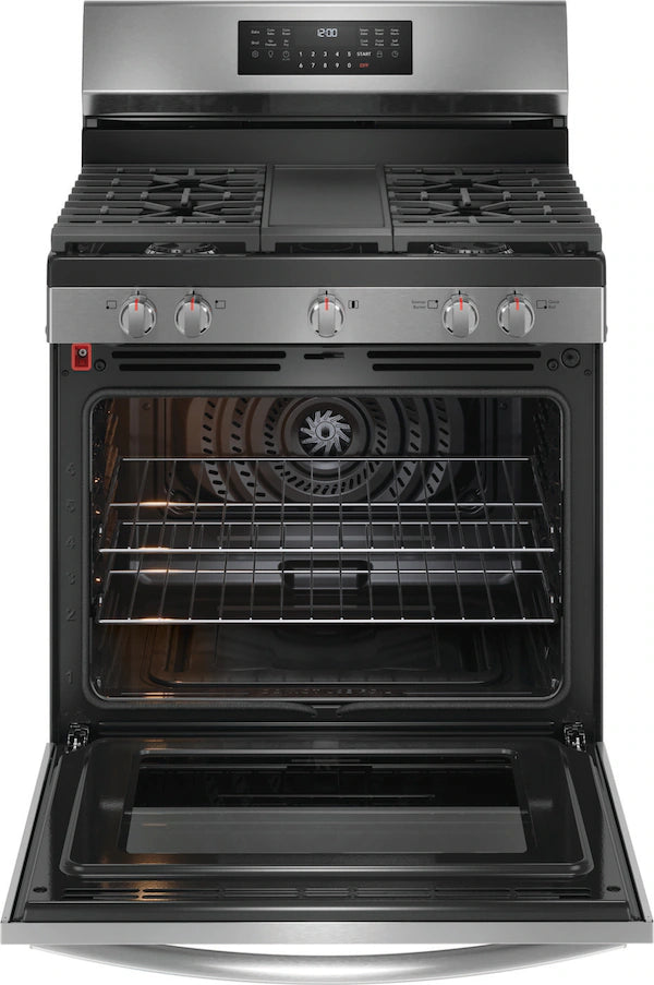 Frigidaire Gallery 30" Front Control Gas Range with Air Fry – Smudge-Proof Black Stainless Steel | Model GCRG3060BF