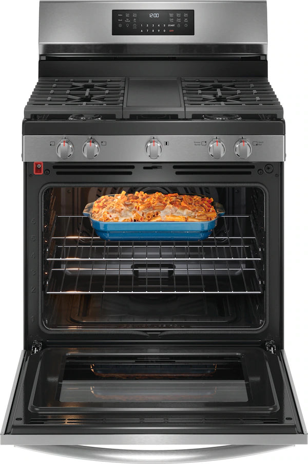Frigidaire Gallery 30" Front Control Gas Range with Air Fry – Smudge-Proof Black Stainless Steel | Model GCRG3060BF